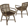 Two Rattan Leisure Chairs With Armrests And Striped Seat Cushions