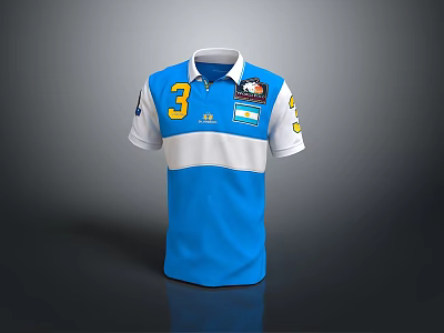 Casual Blue White Polo Shirt With Number 3 Chest And Sleeve Badges 3d model