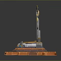 Futuristic Monument Design With Golden Wings Diamond Structure Blue Glowing Elements And Orange Gray Base