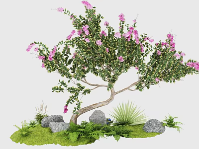 Tree Pit Featuring Tree With Pink Flowers Green Grass Rocks And Ferns 3d model