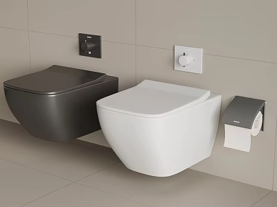 Modern Wall Mounted Toilets In Black And White With Toilet Paper Holder And Control Panels 3d model