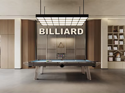 Modern Entertainment Room Interior With Billiard Table Wooden Walls And Bookshelves 3d model