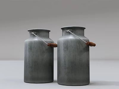 Two Gray Ceramic Milk Jugs With Wooden Handles On White Background 3d model