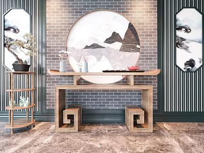 Traditional Wooden Console Table With Circular Landscape Painting And Flanking Decorative Paintings On Brick Wall 3d model