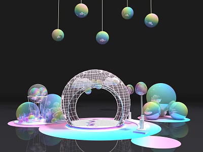 Futuristic Display Featuring Transparent Grid Arch And Colorful Spheres On Reflective Neon Toned Surface 3d model