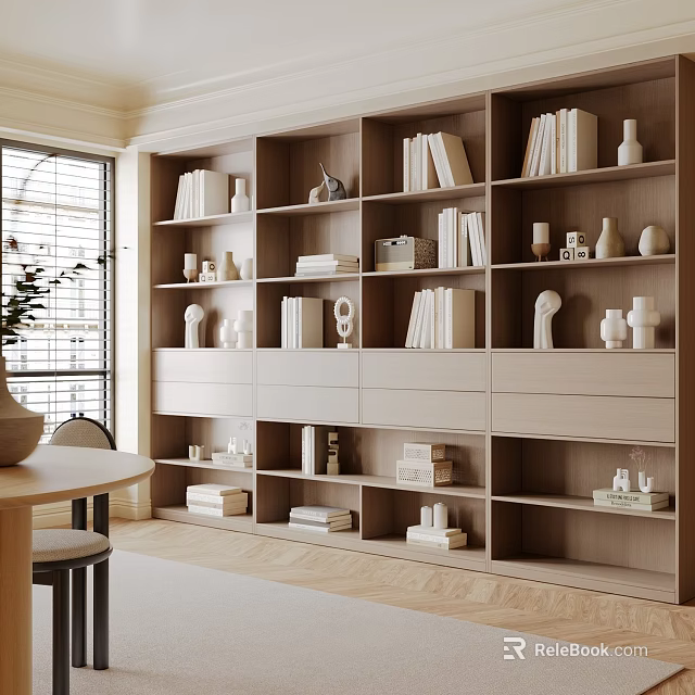 Modern Study Room with Wooden Bookshelves Books Decorative Items and Round Table 3d model 