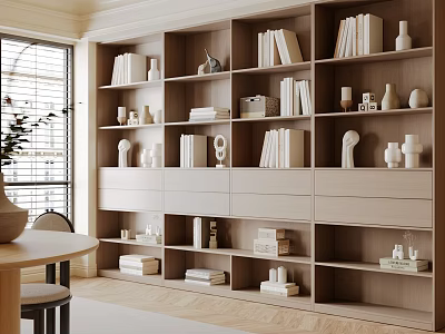 Modern Study Room with Wooden Bookshelves Books Decorative Items and Round Table 3d model