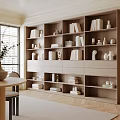 Modern Study Room with Wooden Bookshelves Books Decorative Items and Round Table
