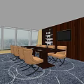 Conference Room With Long Table Chairs TV Screen Wooden Wall Large Windows And City View