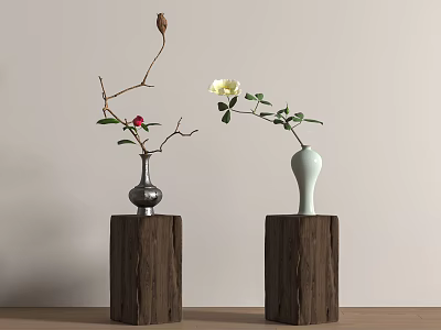 Silver And White Vases With White Flowers Red Berries On Wooden Pedestals Light Wall Table 3d model