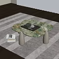 Modern Coffee Table With Marble Top Wooden Legs On Rug With Tray And Open Book