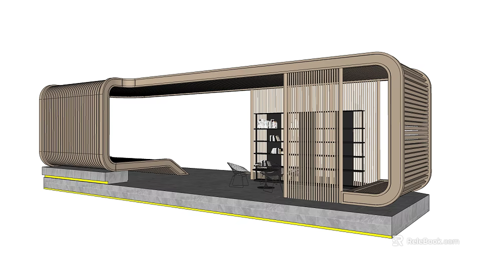 Modern Garden Landscape Design with Wooden Lattice Structure Open Lounge Area and Bookshelf Chair 3d model 