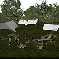 Beautiful Garden Landscape With Green Grass White Awnings Tables Chairs People Activities And String Lights