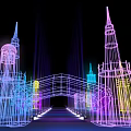 Colorful Neon Outline Buildings With Spires And Tower Structures In Night Scene