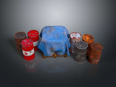 Multiple Red Gray Orange Rustic Industrial Storage Drums With Blue Cloth Covered Equipment 3d model