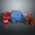 Multiple Red Gray Orange Rustic Industrial Storage Drums With Blue Cloth Covered Equipment