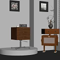 Vintage Wooden Furniture Display With Drawer Cabinet TV Stand Clock Vase And Wall Art