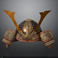 Traditional Samurai Helmet With Ornate Horns And Decorative Armour Details