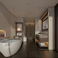 Modern Hotel Guest Room Interior With Comfortable Bed TV Wooden Wardrobe And Dark Curtains