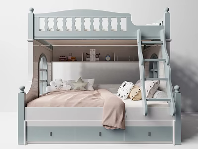 Light Blue Bunk Bed With Ladder Storage Drawers And Soft Pillows For Kids Room 3d model
