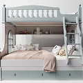 Light Blue Bunk Bed With Ladder Storage Drawers And Soft Pillows For Kids Room