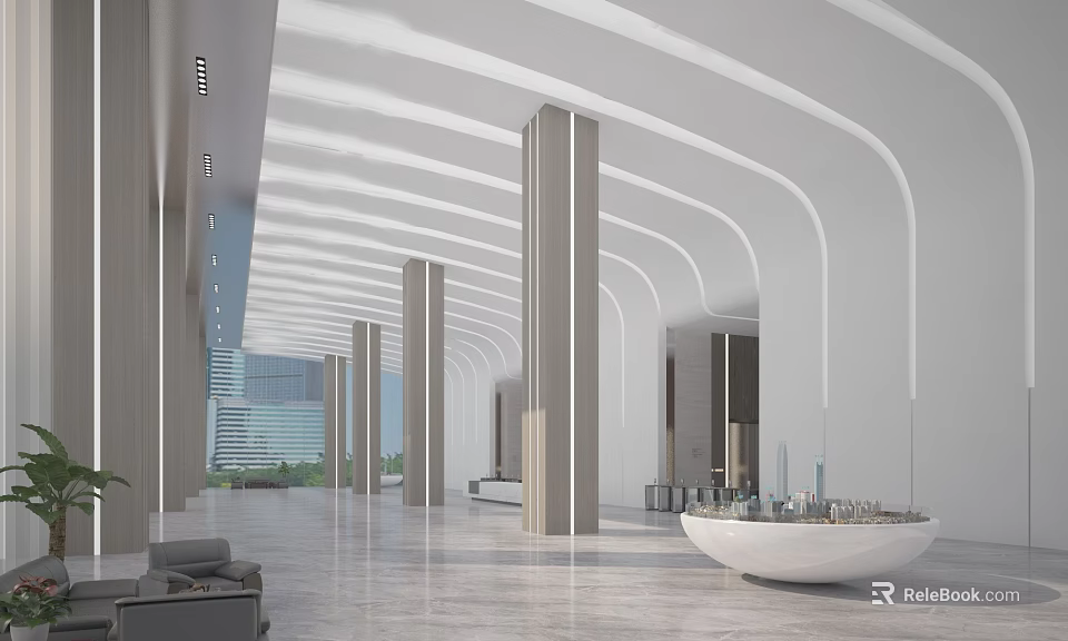 Modern Reception Desk Lobby Design With White Columns And Marble Floor Elements 3d model 