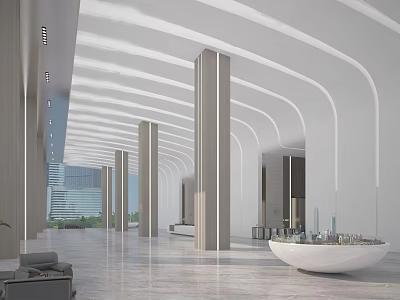 Modern Reception Desk Lobby Design With White Columns And Marble Floor Elements 3d model