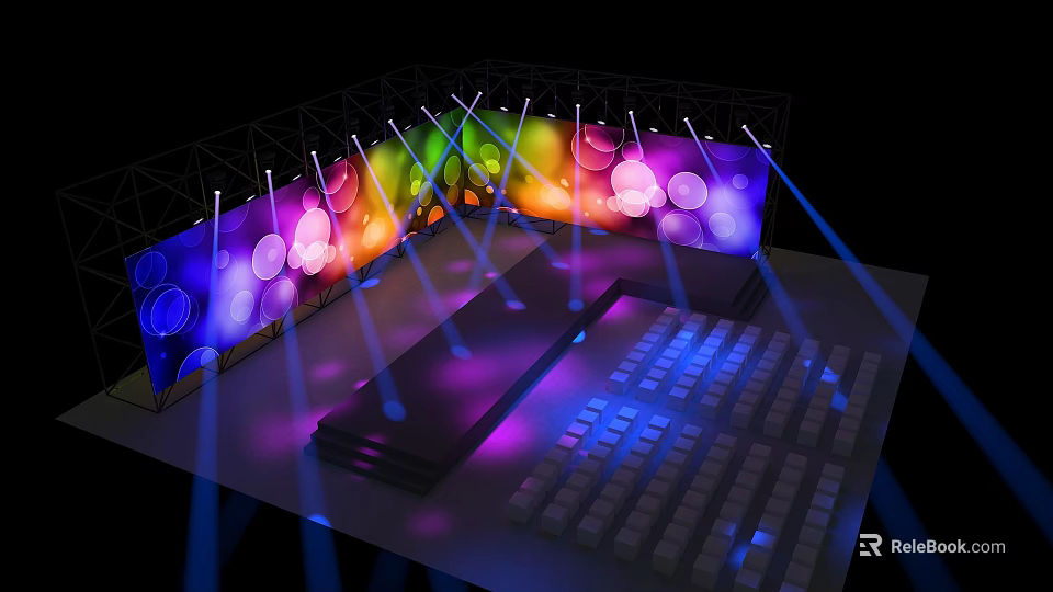Colorful Stage Design With Rainbow Lights Circle Patterns Light Beams And Audience Seats 3d model 
