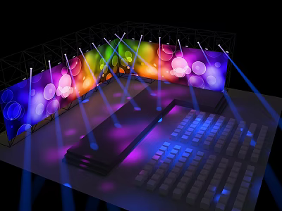 Colorful Stage Design With Rainbow Lights Circle Patterns Light Beams And Audience Seats 3d model