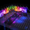 Colorful Stage Design With Rainbow Lights Circle Patterns Light Beams And Audience Seats