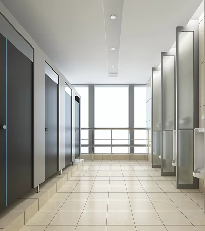Modern Public Restroom Interior With Stalls Urinals Tile Floor And Windows 3d model