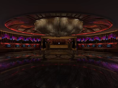 Elegant KTV Interior With Modern Chandelier Purple Red Lights And Comfortable Seating 3d model