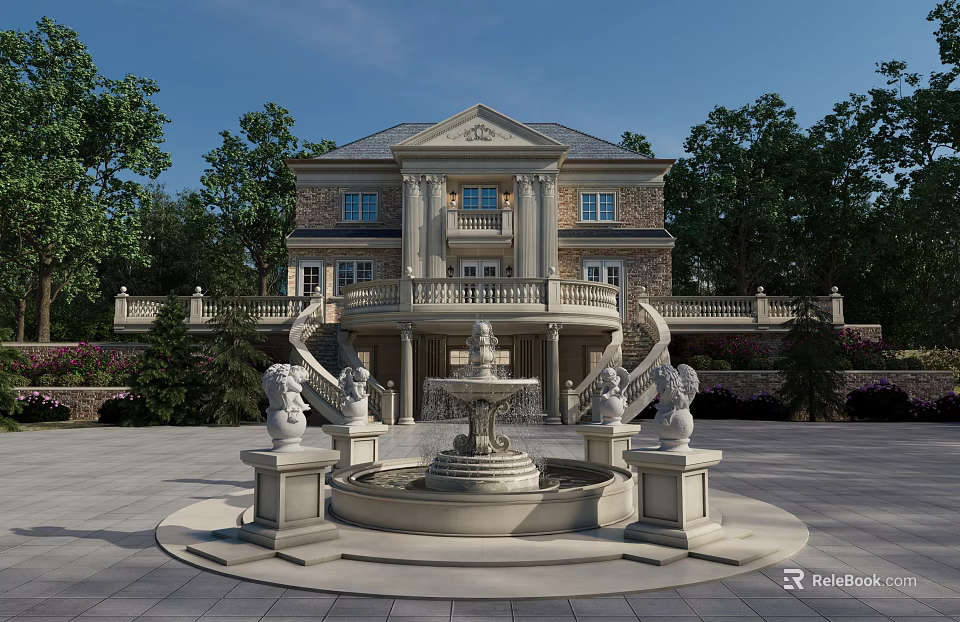 Luxurious Detached Villa with Central Fountain Stone Lions Grand Columns Balcony Surrounded by Trees Garden 3d model 