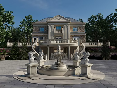 Luxurious Detached Villa with Central Fountain Stone Lions Grand Columns Balcony Surrounded by Trees Garden 3d model