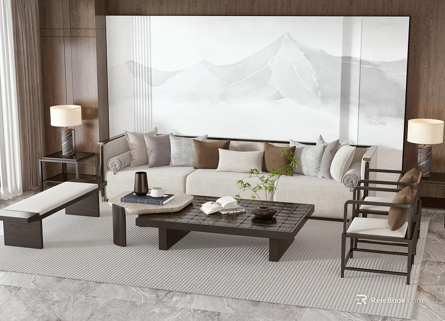 Modern Sofa And Coffee Table Set With Decorative Pillows Side Table Lamp And Wall Art 3d model