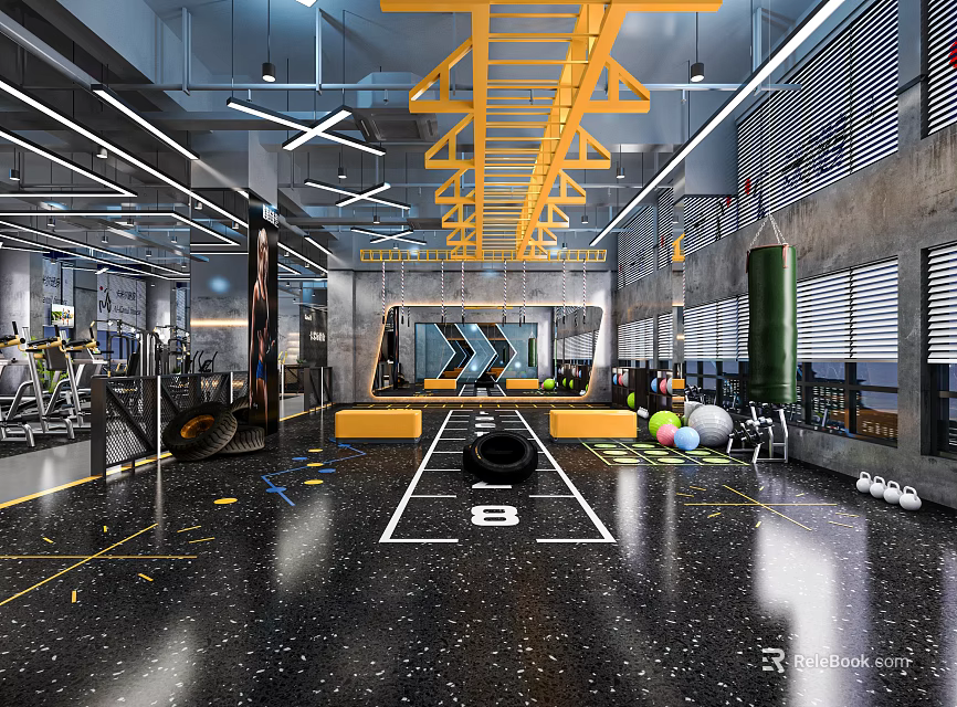 Modern Open Gym Space With Fitness Equipment Yellow Ladder Structure And Track Lines 3d model 