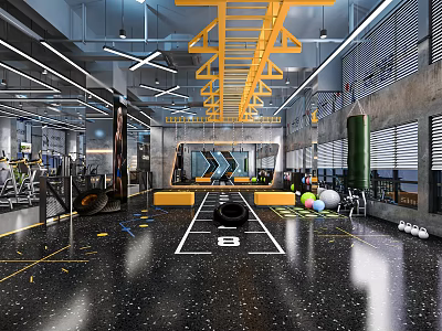 Modern Open Gym Space With Fitness Equipment Yellow Ladder Structure And Track Lines 3d model