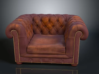 Classic Brown Leather Armchair Furniture With Tufted Upholstery And Brass Studs 3d model