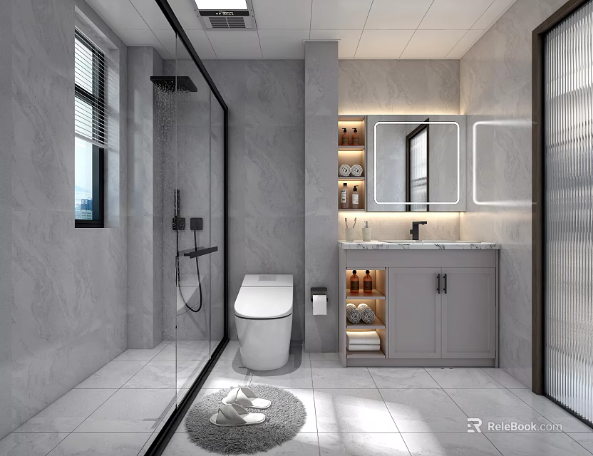 Modern Grey Marble Bathroom With Smart Toilet Glass Shower Enclosure And Backlit Vanity Cabinet 3d model 