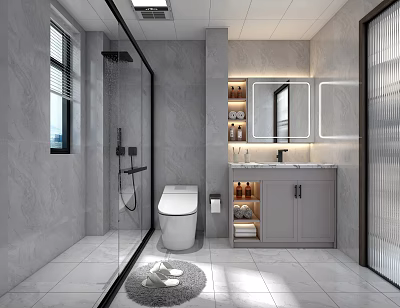 Modern Grey Marble Bathroom With Smart Toilet Glass Shower Enclosure And Backlit Vanity Cabinet 3d model