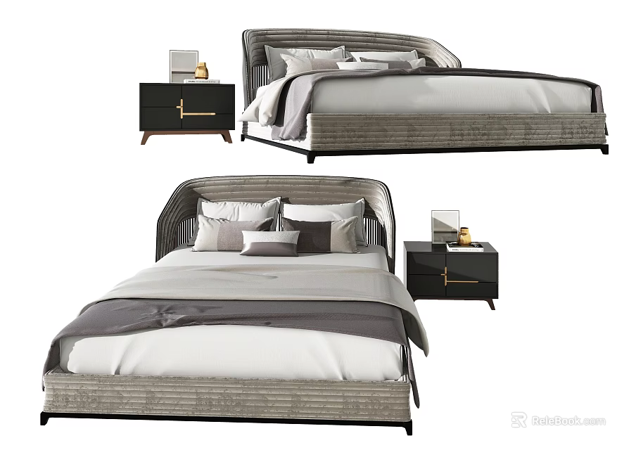 Modern Double Bed Interior With Nightstand Pillows And Stylish Bedding 3d model