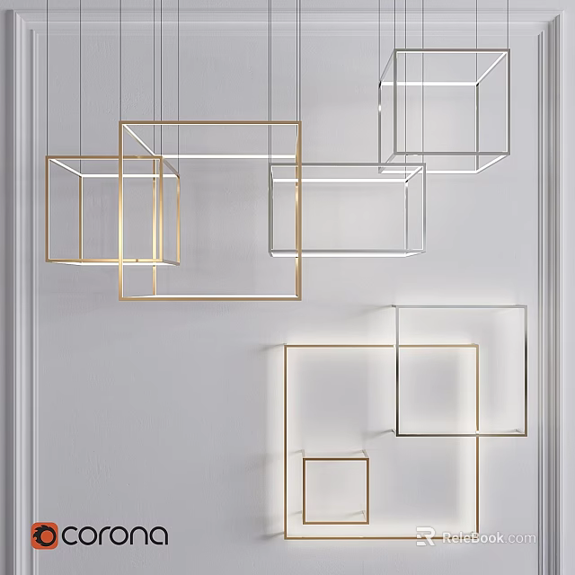 Modern Geometric Chandelier With Gold Metallic Frames Hanging In White Interior 3d model 