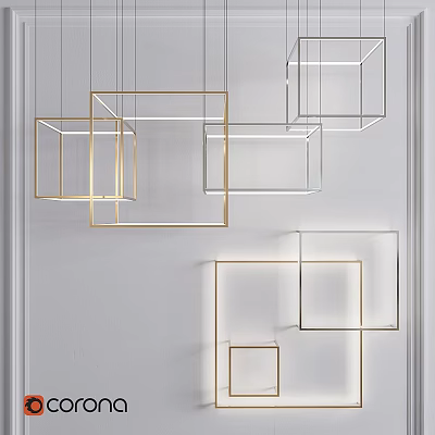 Modern Geometric Chandelier With Gold Metallic Frames Hanging In White Interior 3d model