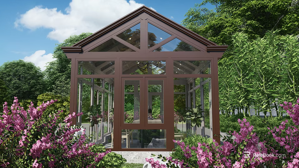 Elegant Glass Greenhouse With Brown Frame Large Windows Surrounded By Purple Flowers And Trees 3d model 