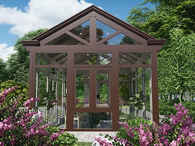 Elegant Glass Greenhouse With Brown Frame Large Windows Surrounded By Purple Flowers And Trees 3d model