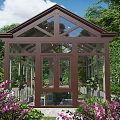Elegant Glass Greenhouse With Brown Frame Large Windows Surrounded By Purple Flowers And Trees