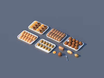 Assorted Food On White Trays With Cookies Chocolate Bars Round Pastries And Scattered Pieces 3d model