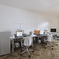 Modern Office Desk Workspace With Computer Monitors Office Chairs And Desk Lamps