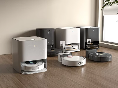 Smart Robotic Vacuums and Charging Docks on Wooden Floor Home Setup 3d model