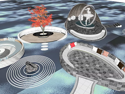 Outdoor Sofa Setup In Modern Garden With Water Feature Stone Path And Trees 3d model